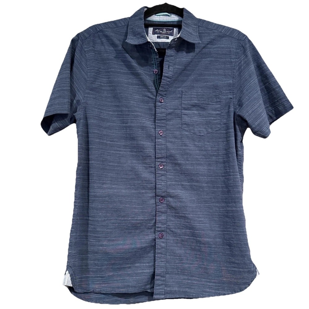 Across The Pond Shirt Mens Medium Blue Short Sleeve Button Front Classic Cotton